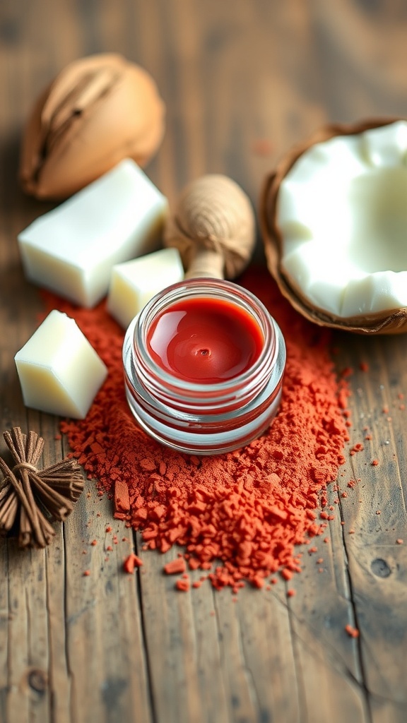 A small jar of warm-colored lip tint with natural ingredients on a wooden table.